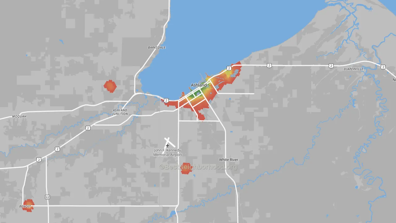 Walk Grade map of 54806, WI, walkable areas in green and car-dependent areas in red