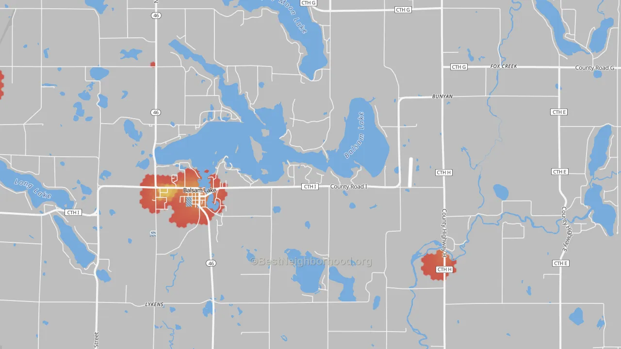 Walk Grade map of 54810, WI, walkable areas in green and car-dependent areas in red