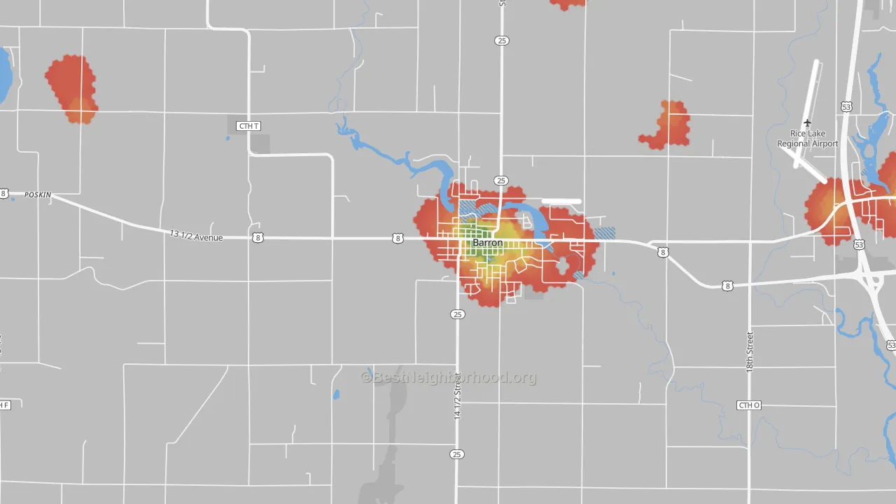 Walk Grade map of 54812, WI, walkable areas in green and car-dependent areas in red