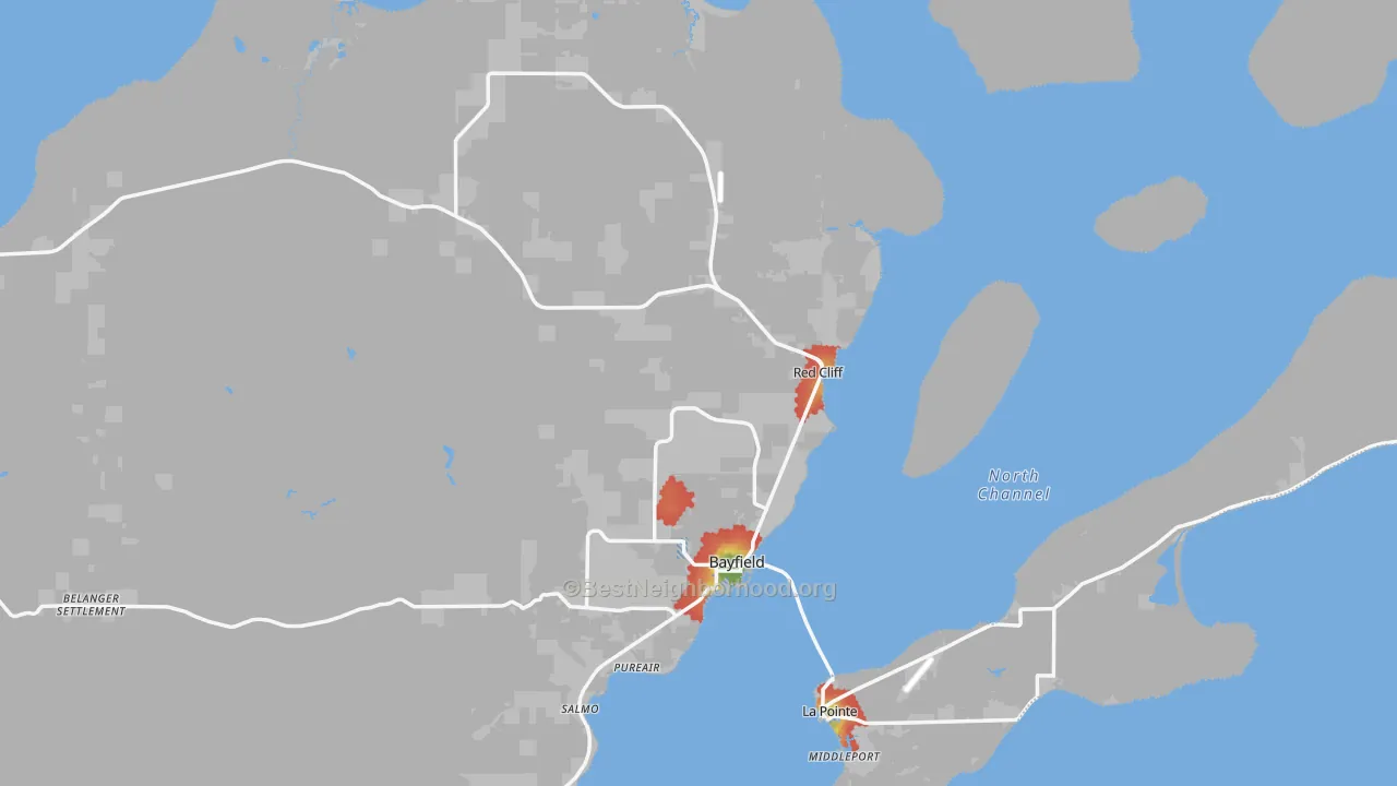 Walk Grade map of 54814, WI, walkable areas in green and car-dependent areas in red