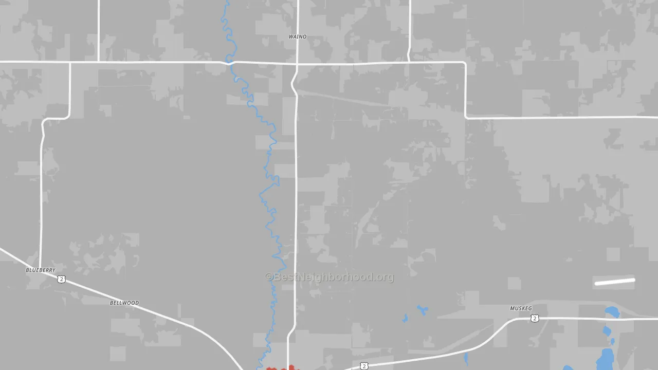 Walk Grade map of 54820, WI, walkable areas in green and car-dependent areas in red