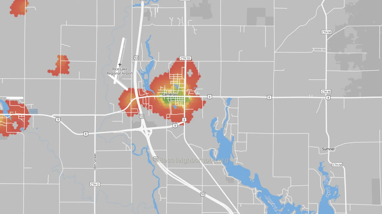Walk Grade map of 54822, WI, walkable areas in green and car-dependent areas in red