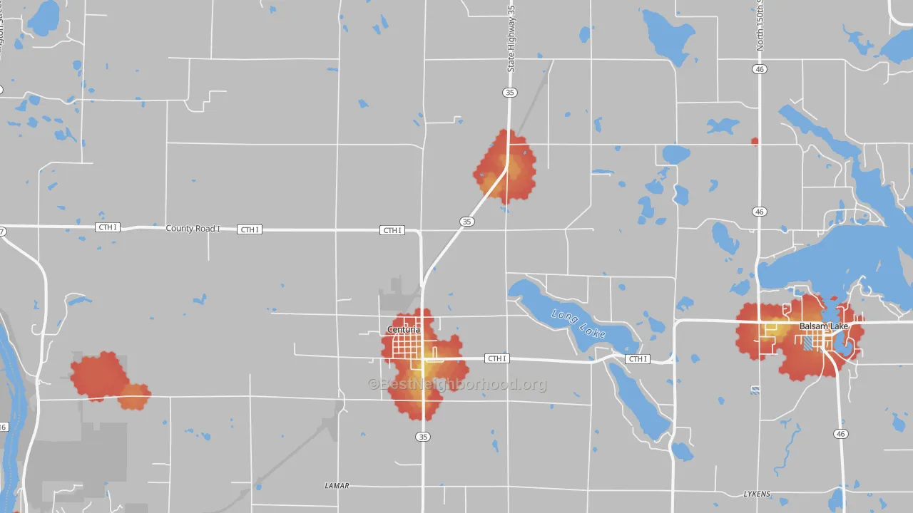 Walk Grade map of 54824, WI, walkable areas in green and car-dependent areas in red