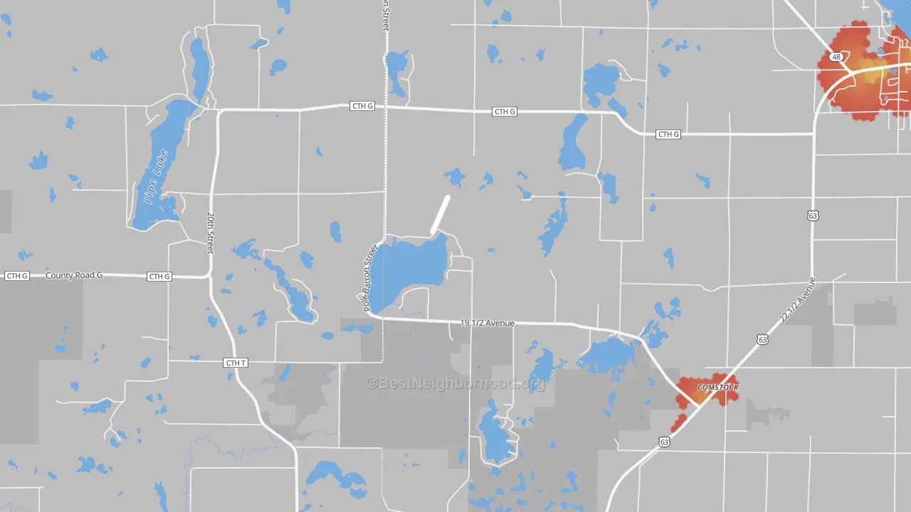 Walk Grade map of 54826, WI, walkable areas in green and car-dependent areas in red