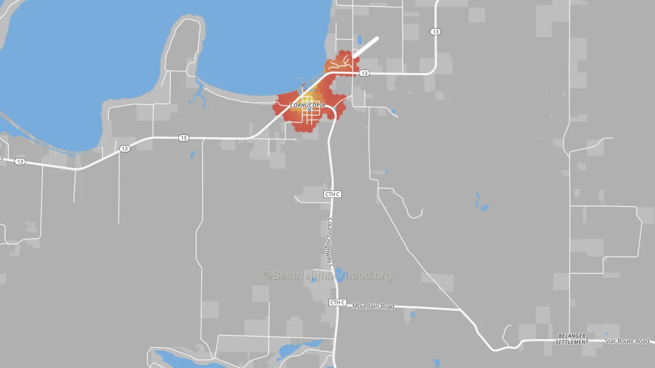 Walk Grade map of 54827, WI, walkable areas in green and car-dependent areas in red