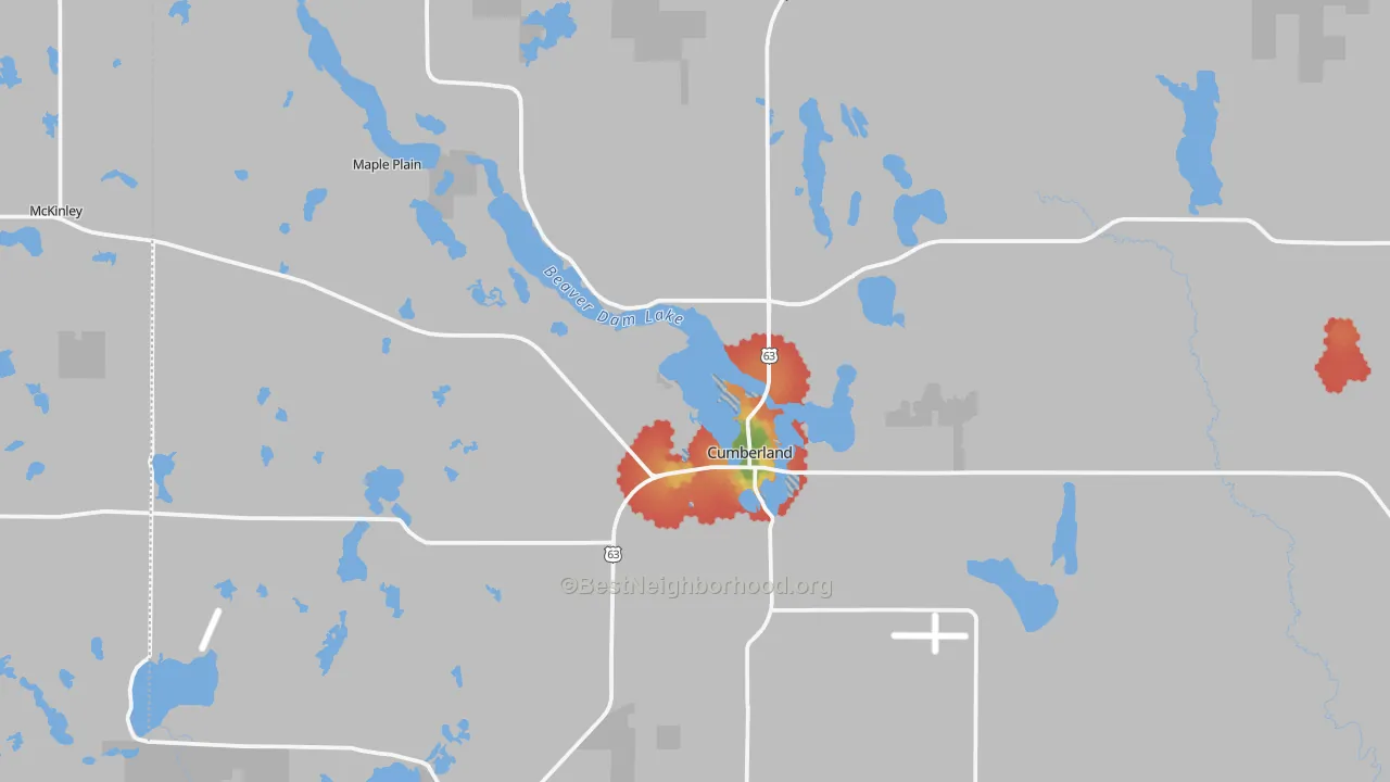 Walk Grade map of 54829, WI, walkable areas in green and car-dependent areas in red