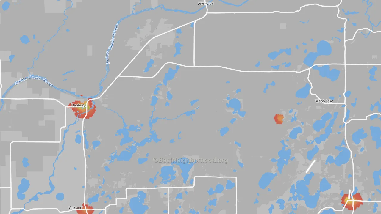Walk Grade map of 54830, WI, walkable areas in green and car-dependent areas in red