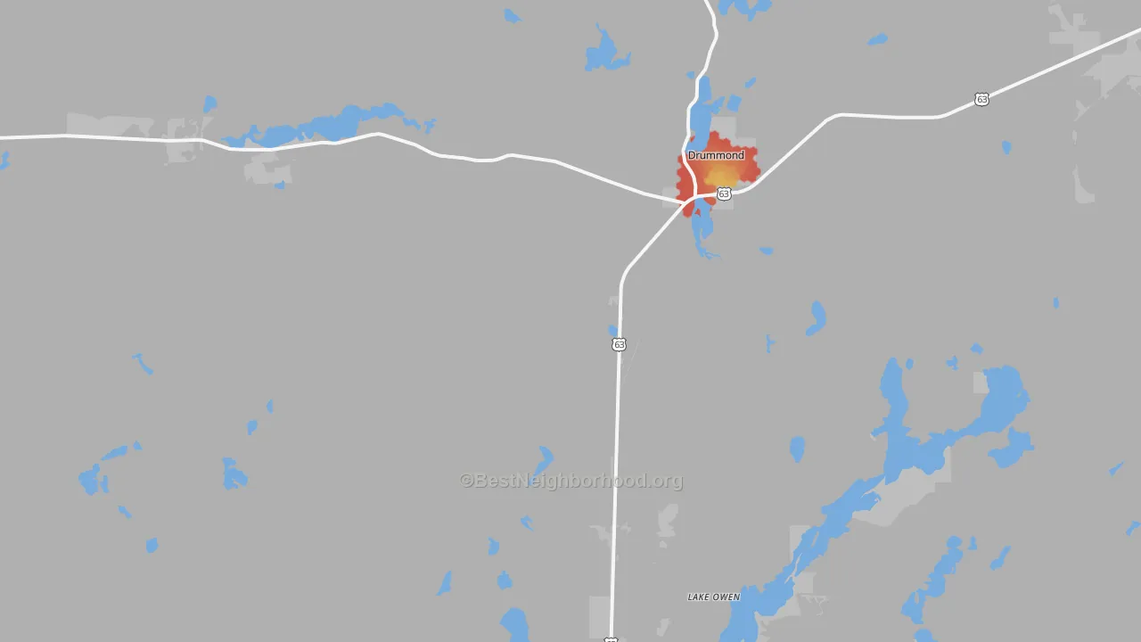 Walk Grade map of 54832, WI, walkable areas in green and car-dependent areas in red