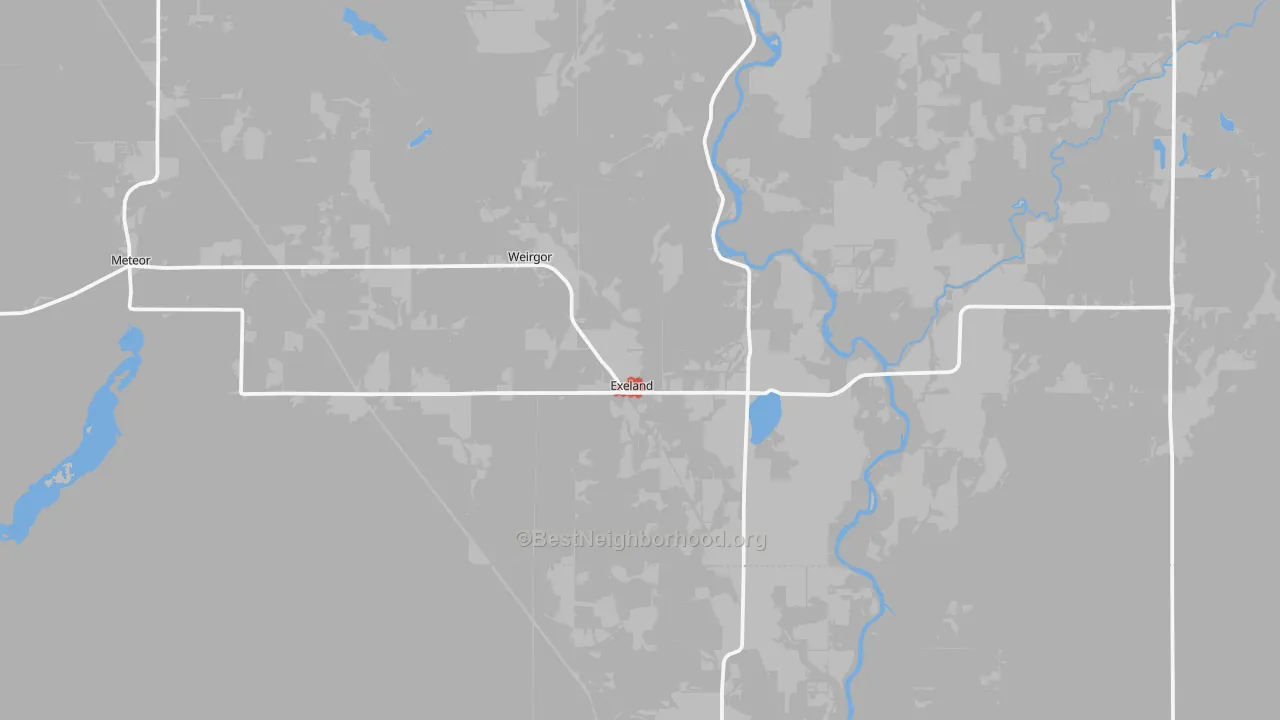 Walk Grade map of 54835, WI, walkable areas in green and car-dependent areas in red
