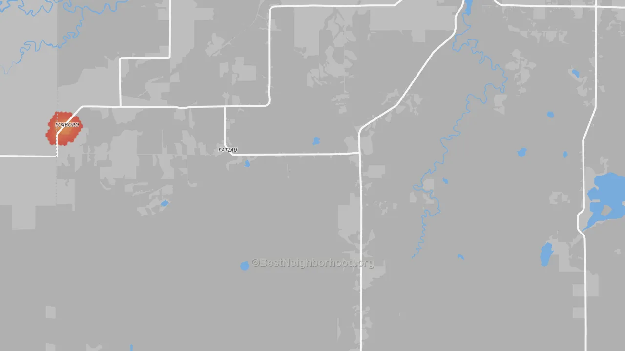 Walk Grade map of 54836, WI, walkable areas in green and car-dependent areas in red