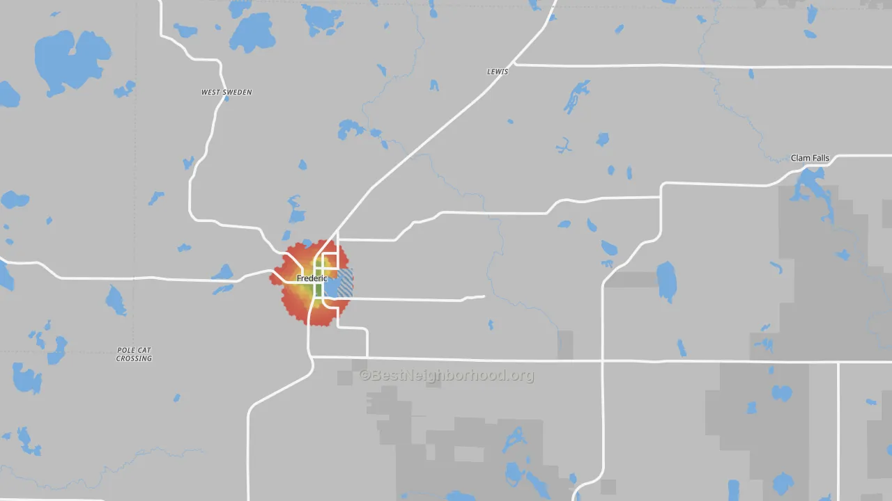 Walk Grade map of 54837, WI, walkable areas in green and car-dependent areas in red