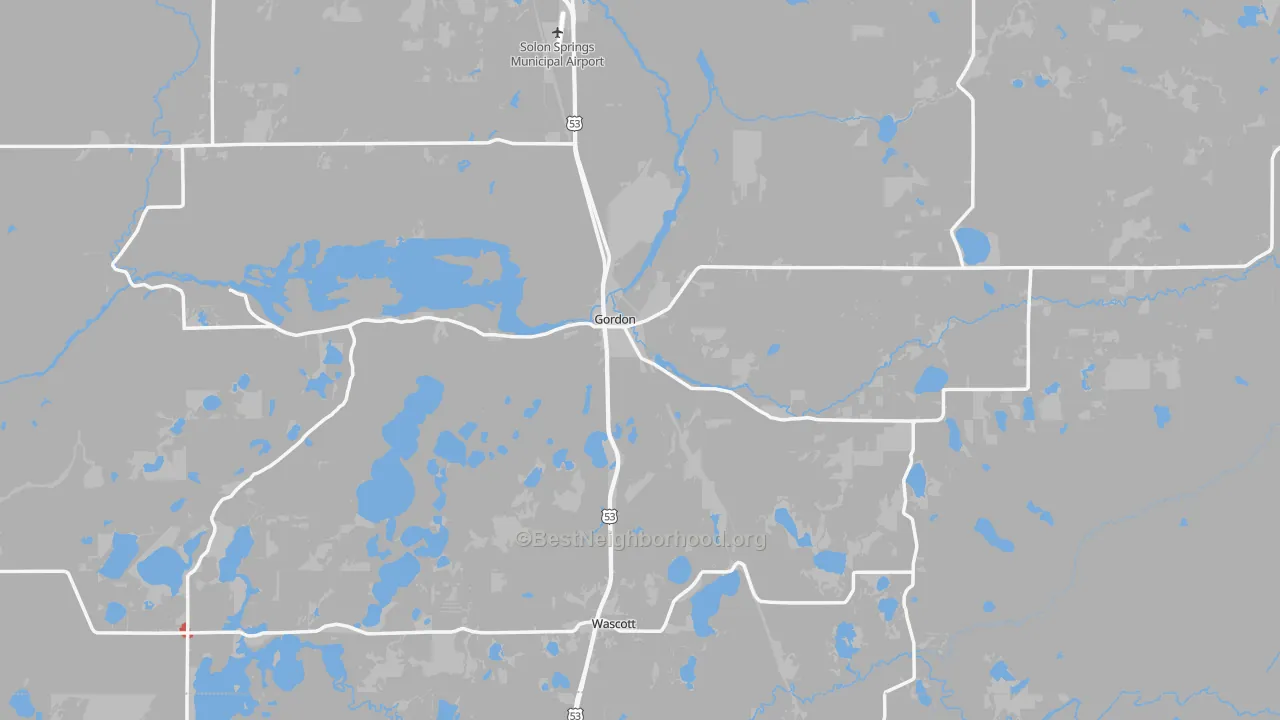 Walk Grade map of 54838, WI, walkable areas in green and car-dependent areas in red