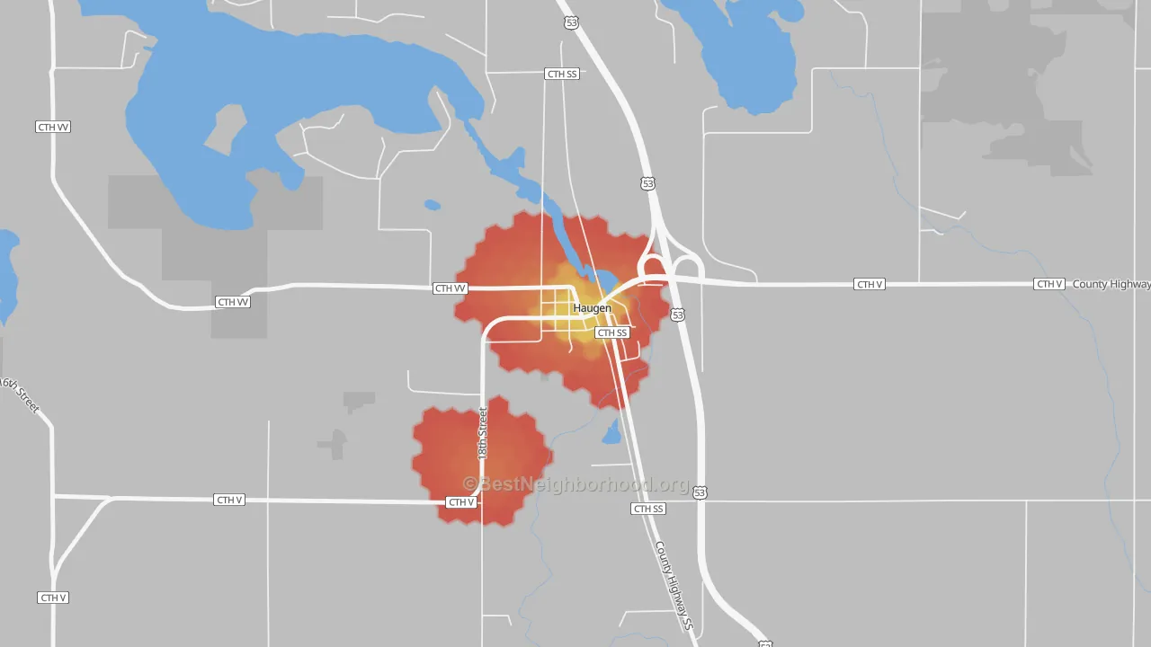 Walk Grade map of 54841, WI, walkable areas in green and car-dependent areas in red