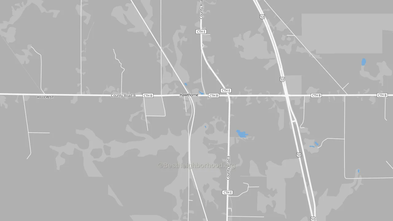 Walk Grade map of 54842, WI, walkable areas in green and car-dependent areas in red