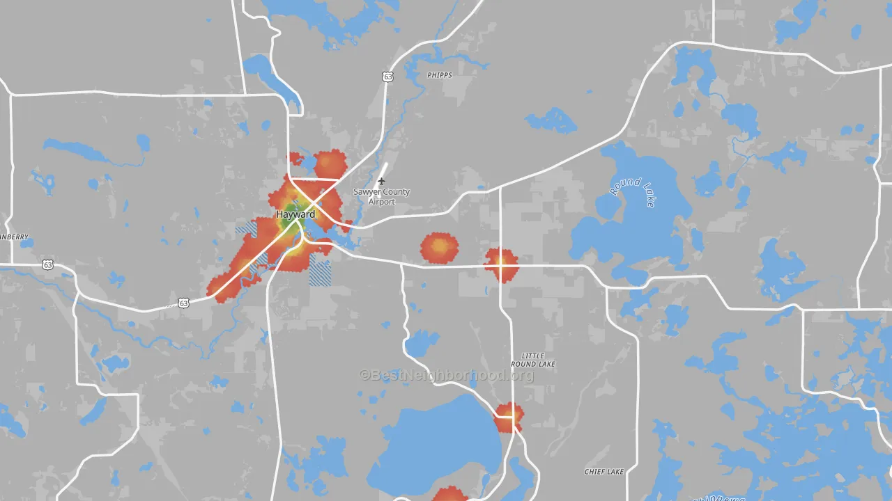Walk Grade map of 54843, WI, walkable areas in green and car-dependent areas in red
