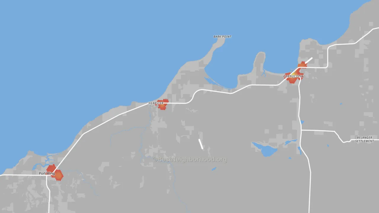 Walk Grade map of 54844, WI, walkable areas in green and car-dependent areas in red