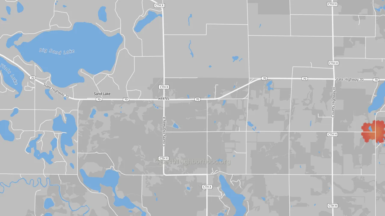Walk Grade map of 54845, WI, walkable areas in green and car-dependent areas in red