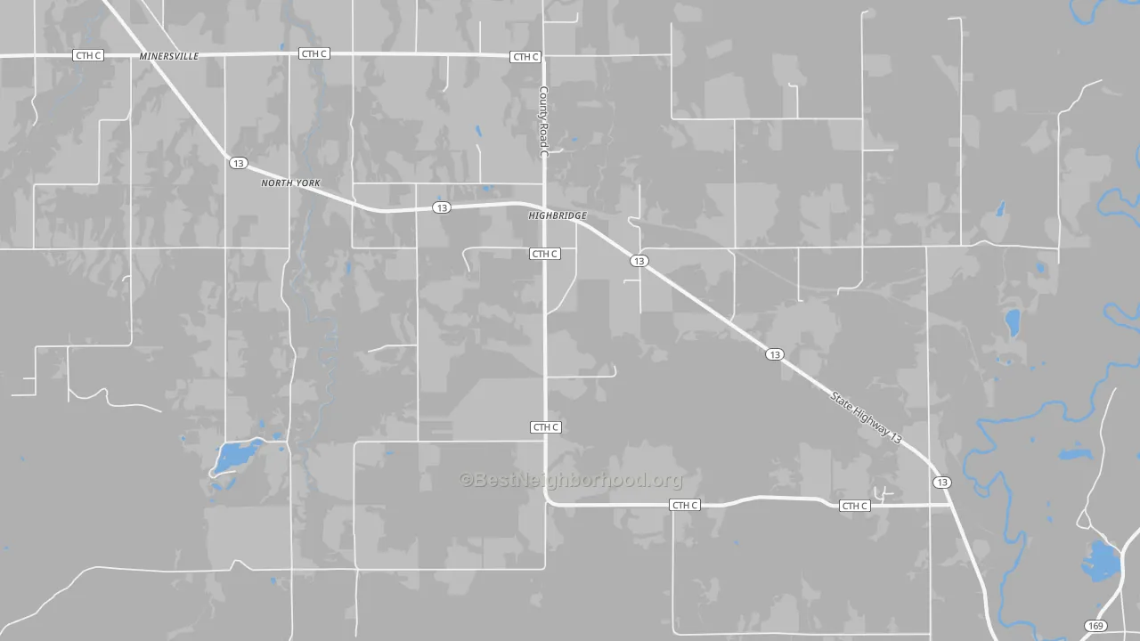 Walk Grade map of 54846, WI, walkable areas in green and car-dependent areas in red