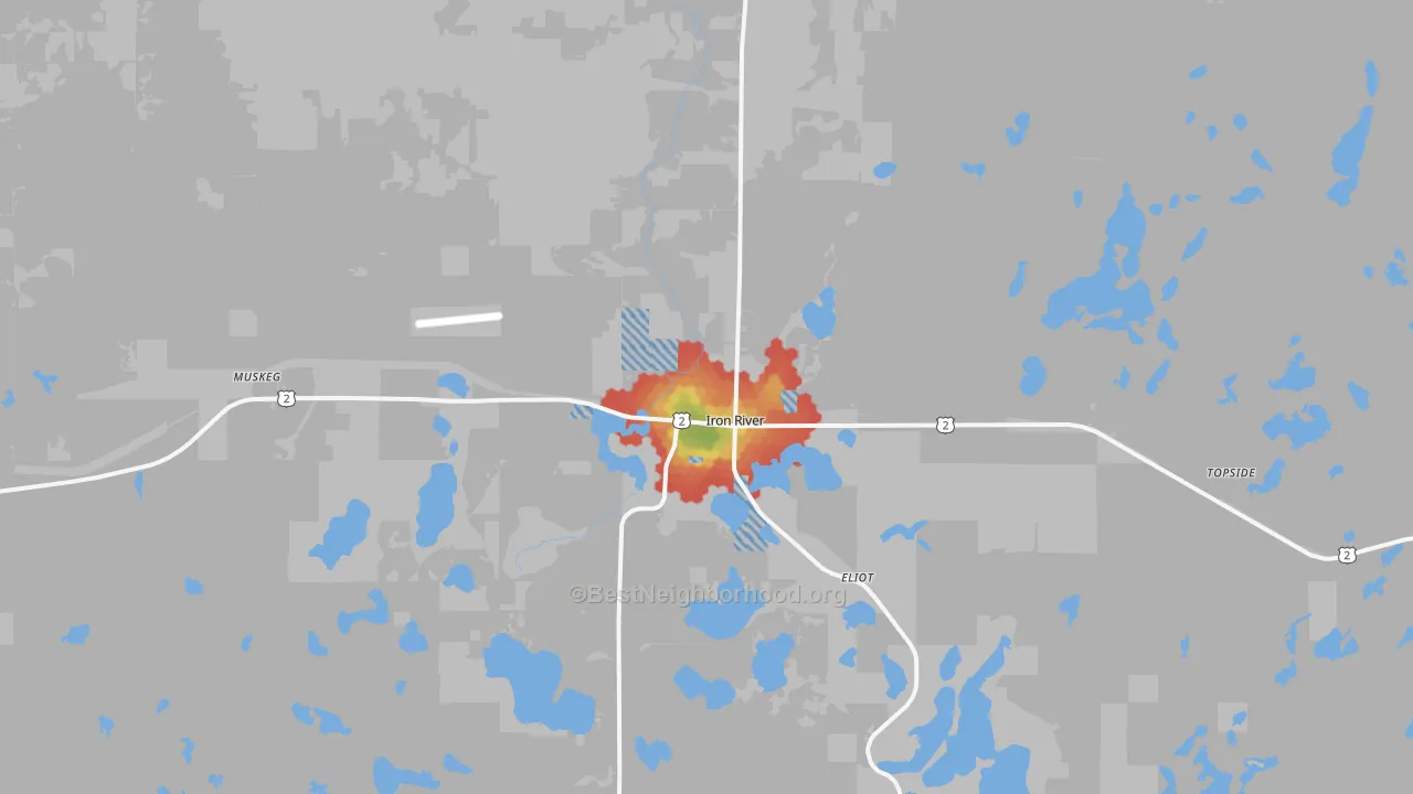 Walk Grade map of 54847, WI, walkable areas in green and car-dependent areas in red