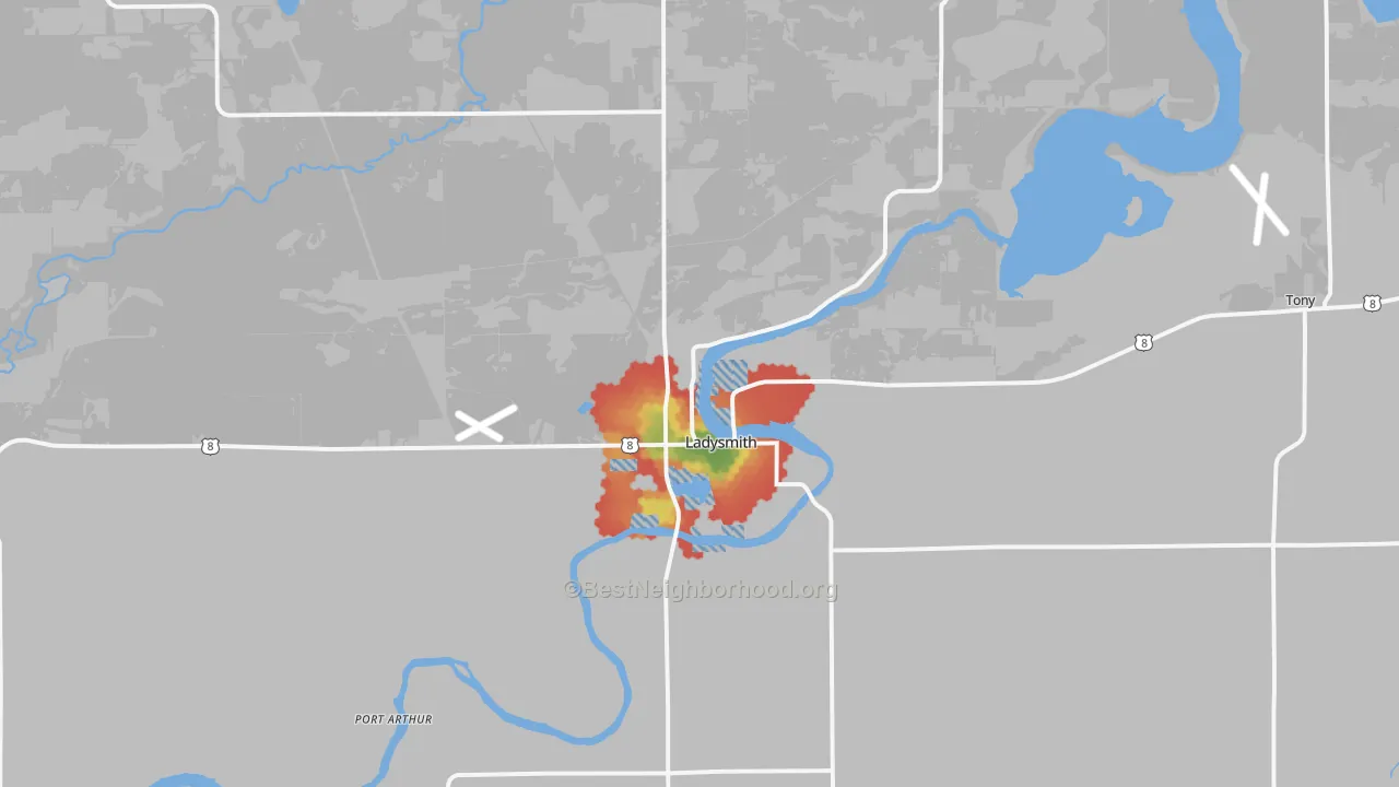 Walk Grade map of 54848, WI, walkable areas in green and car-dependent areas in red