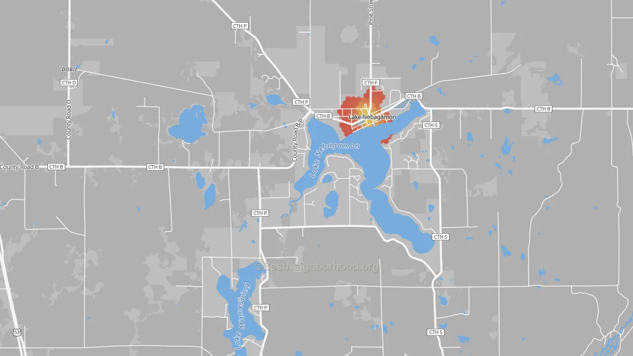 Walk Grade map of 54849, WI, walkable areas in green and car-dependent areas in red