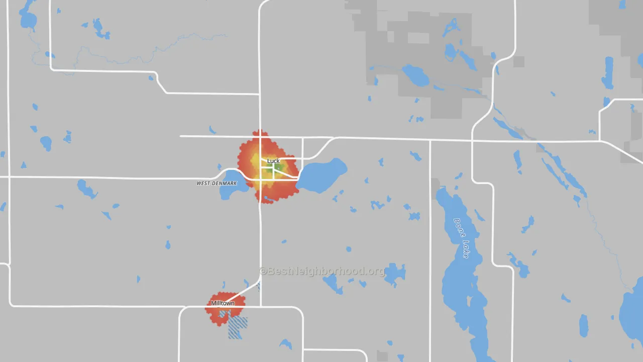 Walk Grade map of 54853, WI, walkable areas in green and car-dependent areas in red