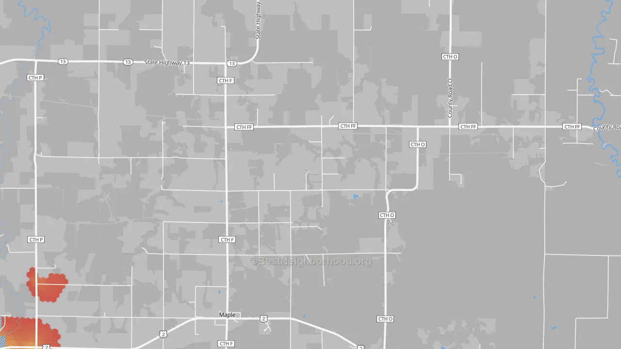 Walk Grade map of 54854, WI, walkable areas in green and car-dependent areas in red