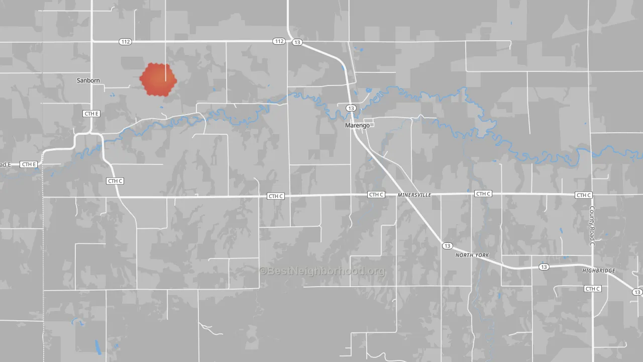 Walk Grade map of 54855, WI, walkable areas in green and car-dependent areas in red