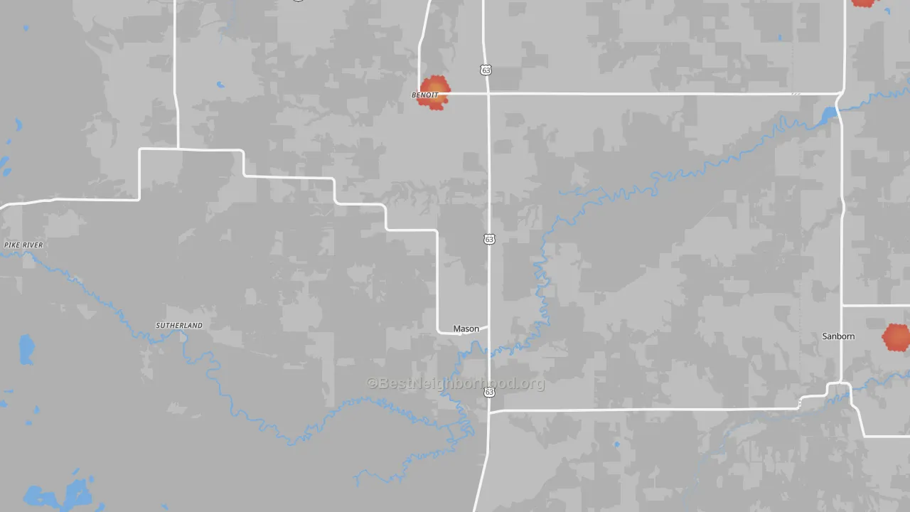Walk Grade map of 54856, WI, walkable areas in green and car-dependent areas in red