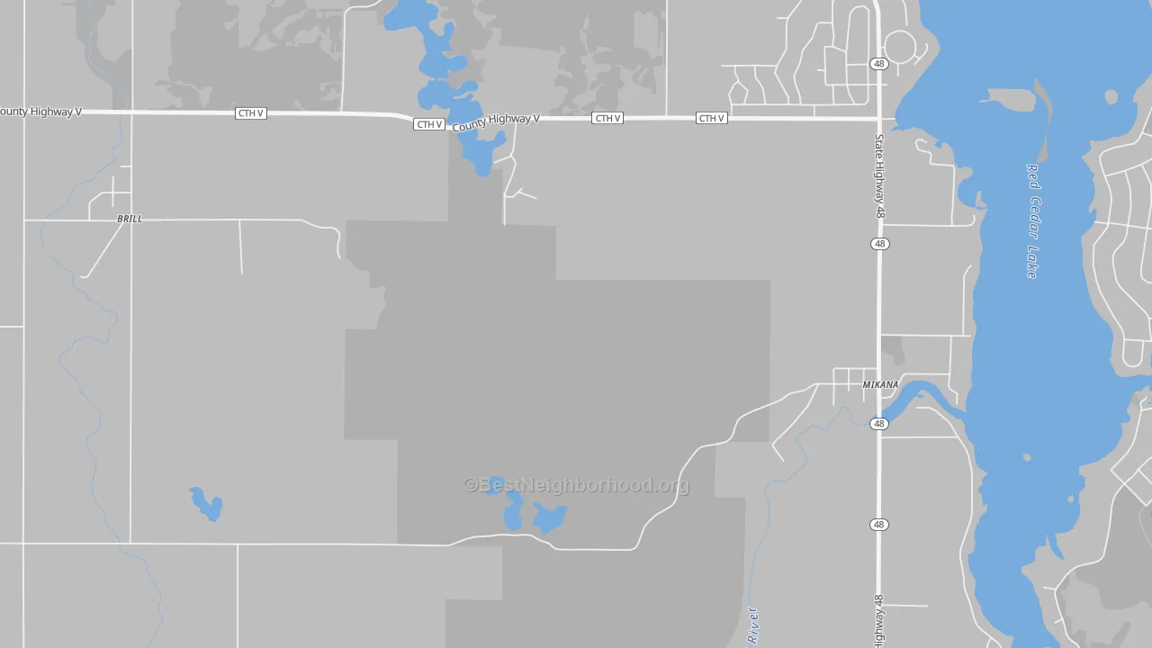 Walk Grade map of 54857, WI, walkable areas in green and car-dependent areas in red