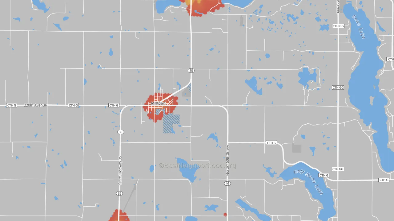 Walk Grade map of 54858, WI, walkable areas in green and car-dependent areas in red