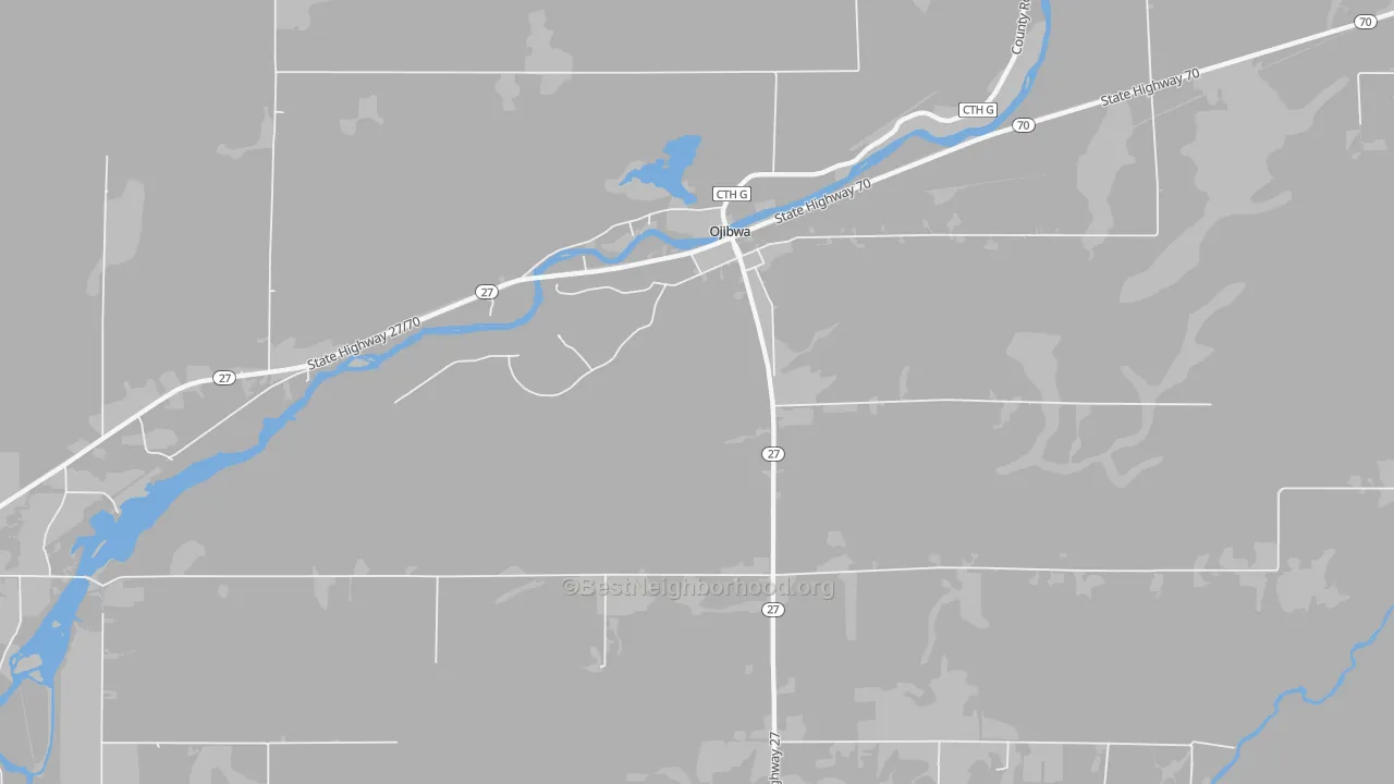 Walk Grade map of 54862, WI, walkable areas in green and car-dependent areas in red
