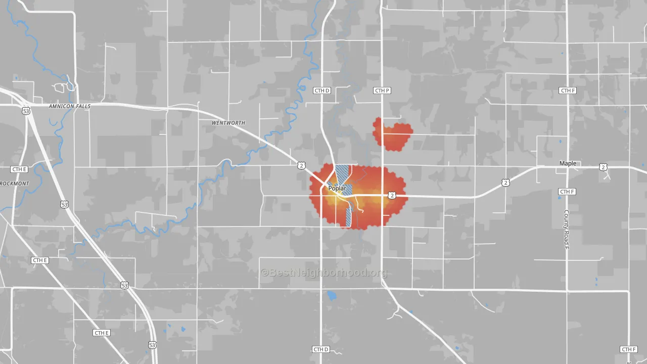 Walk Grade map of 54864, WI, walkable areas in green and car-dependent areas in red