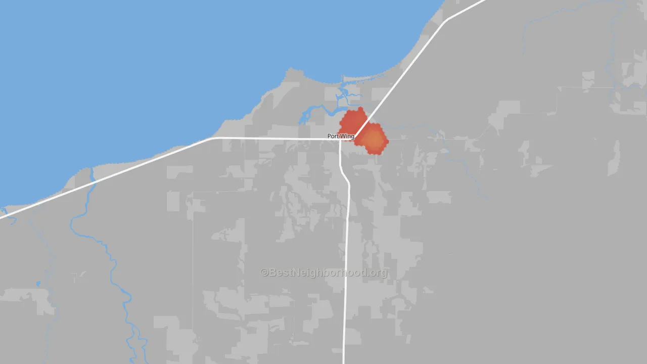 Walk Grade map of 54865, WI, walkable areas in green and car-dependent areas in red