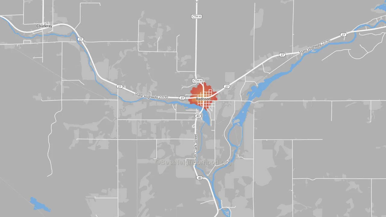 Walk Grade map of 54867, WI, walkable areas in green and car-dependent areas in red