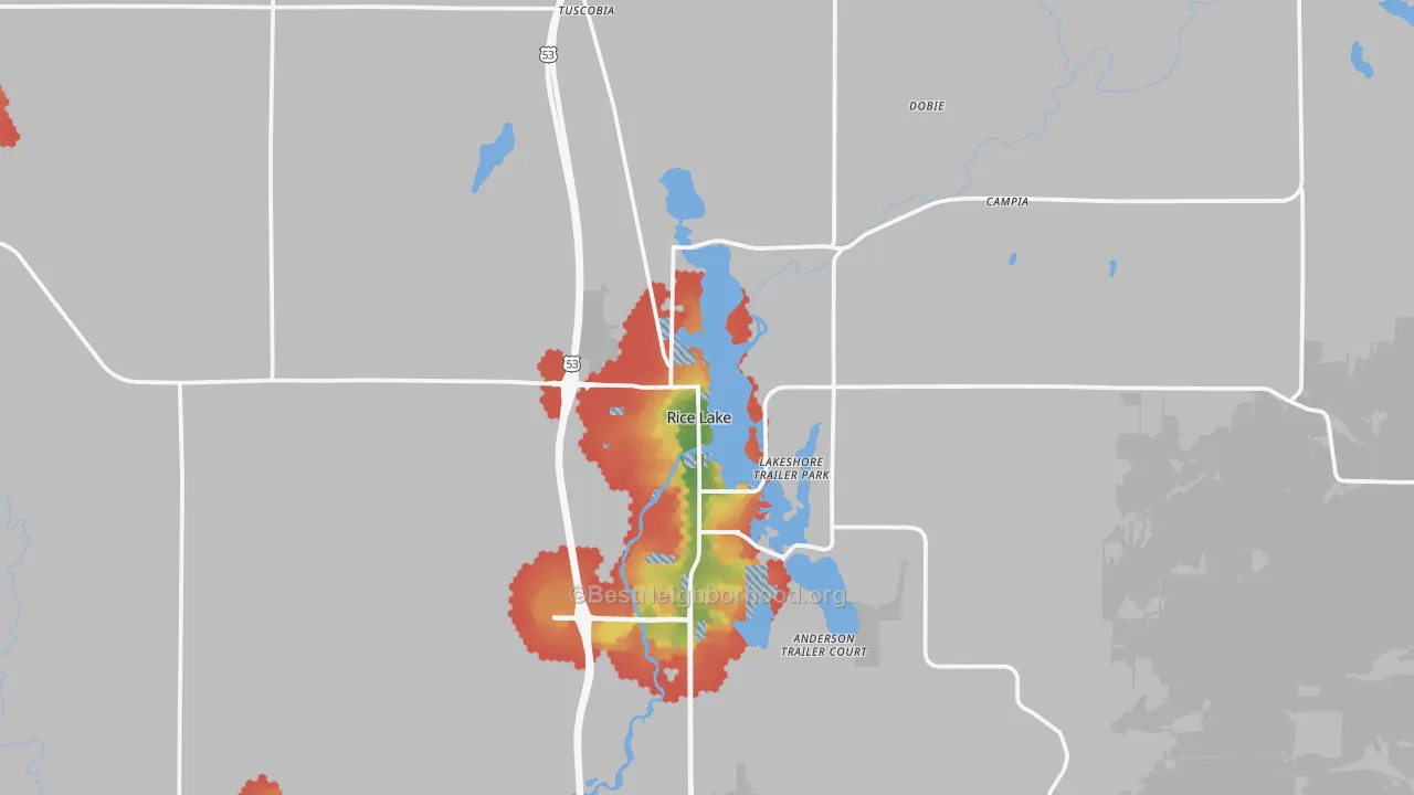 Walk Grade map of 54868, WI, walkable areas in green and car-dependent areas in red