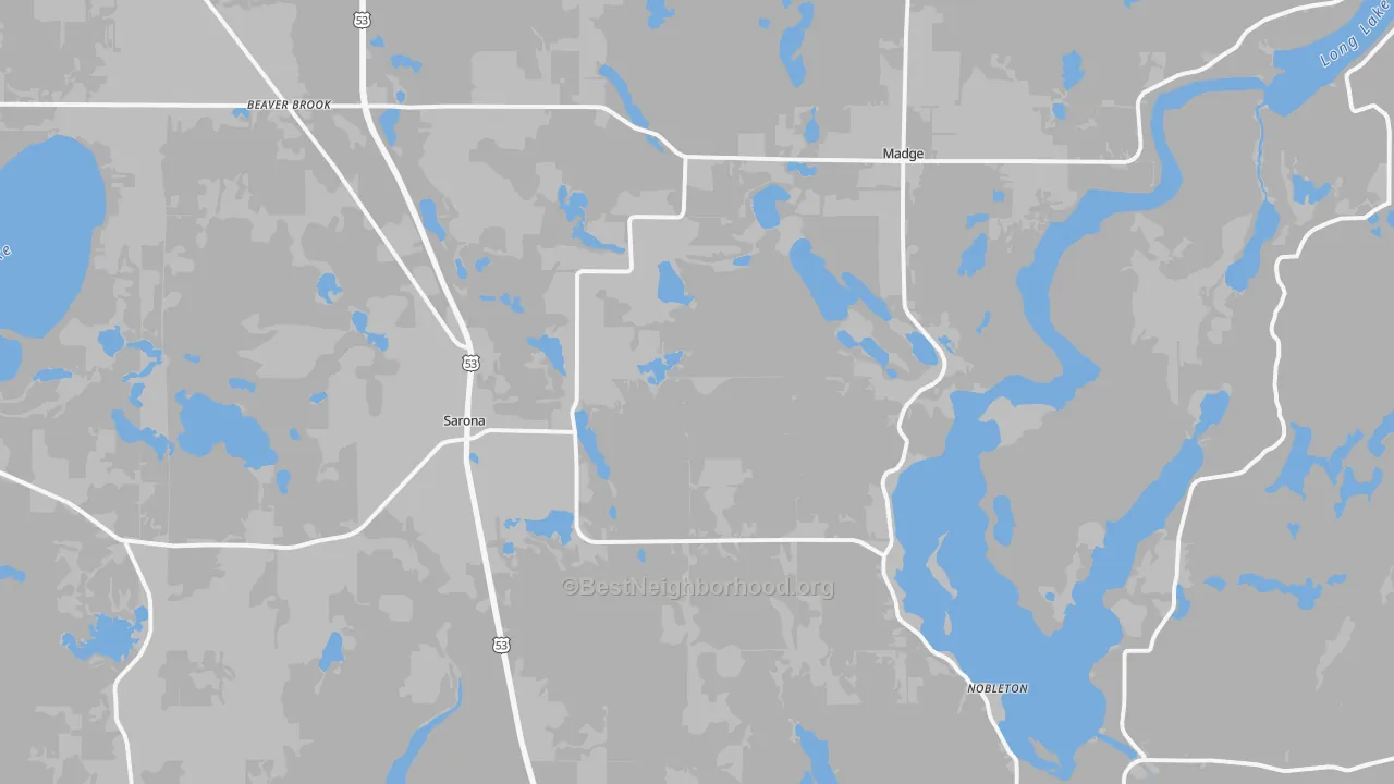 Walk Grade map of 54870, WI, walkable areas in green and car-dependent areas in red