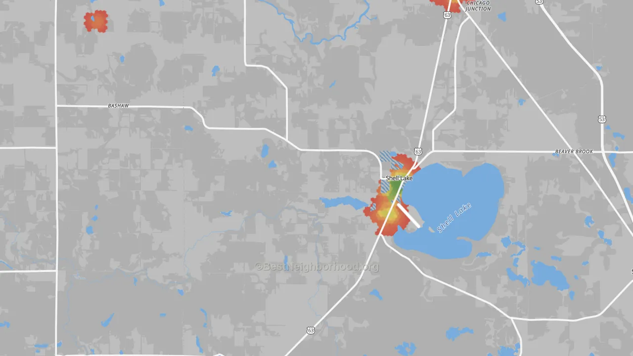 Walk Grade map of 54871, WI, walkable areas in green and car-dependent areas in red