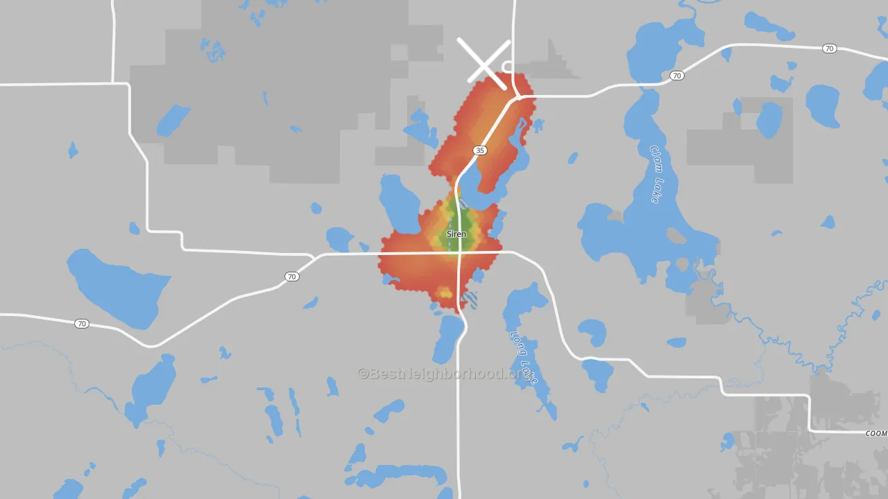 Walk Grade map of 54872, WI, walkable areas in green and car-dependent areas in red