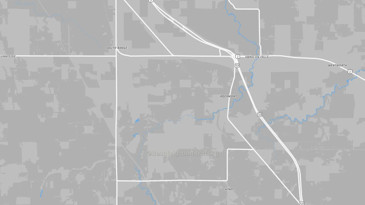 Walk Grade map of 54874, WI, walkable areas in green and car-dependent areas in red