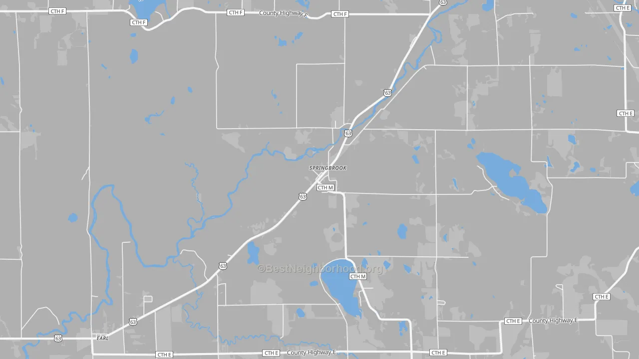 Walk Grade map of 54875, WI, walkable areas in green and car-dependent areas in red