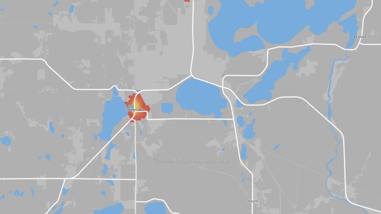 Walk Grade map of 54876, WI, walkable areas in green and car-dependent areas in red