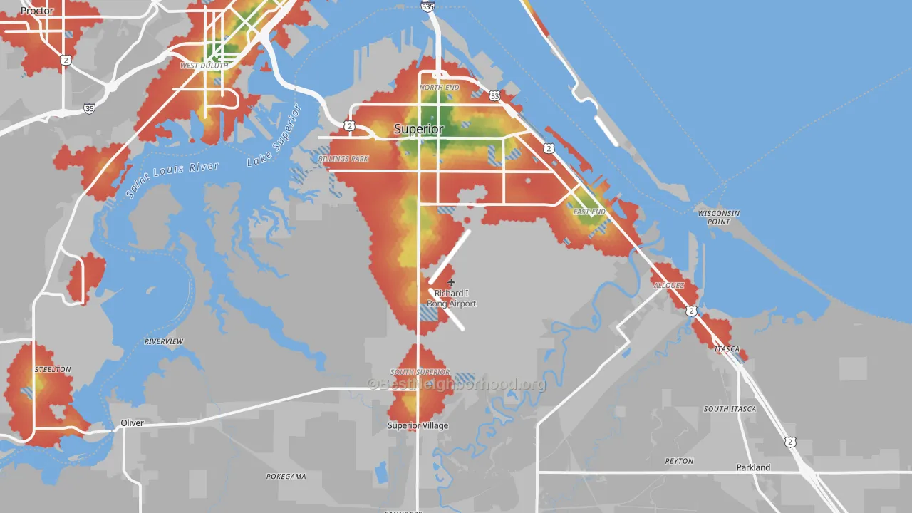 Walk Grade map of 54880, WI, walkable areas in green and car-dependent areas in red