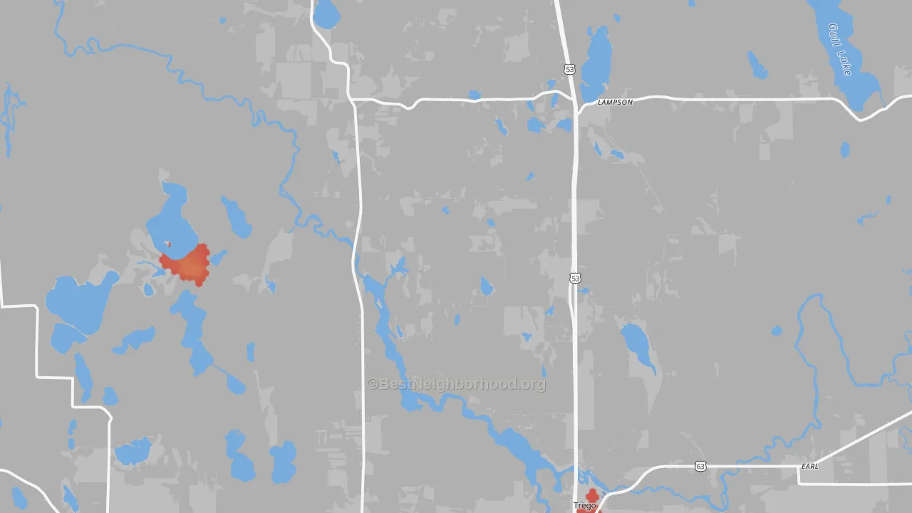 Walk Grade map of 54888, WI, walkable areas in green and car-dependent areas in red