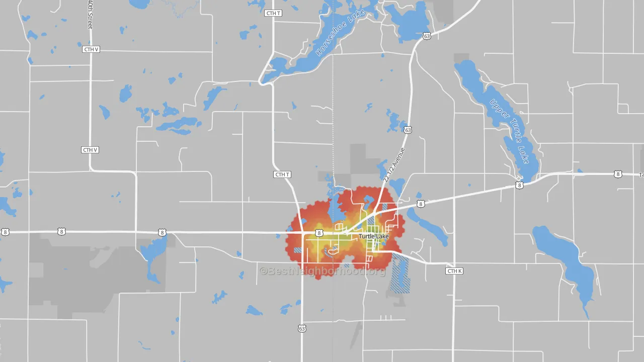 Walk Grade map of 54889, WI, walkable areas in green and car-dependent areas in red