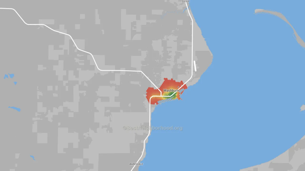 Walk Grade map of 54891, WI, walkable areas in green and car-dependent areas in red