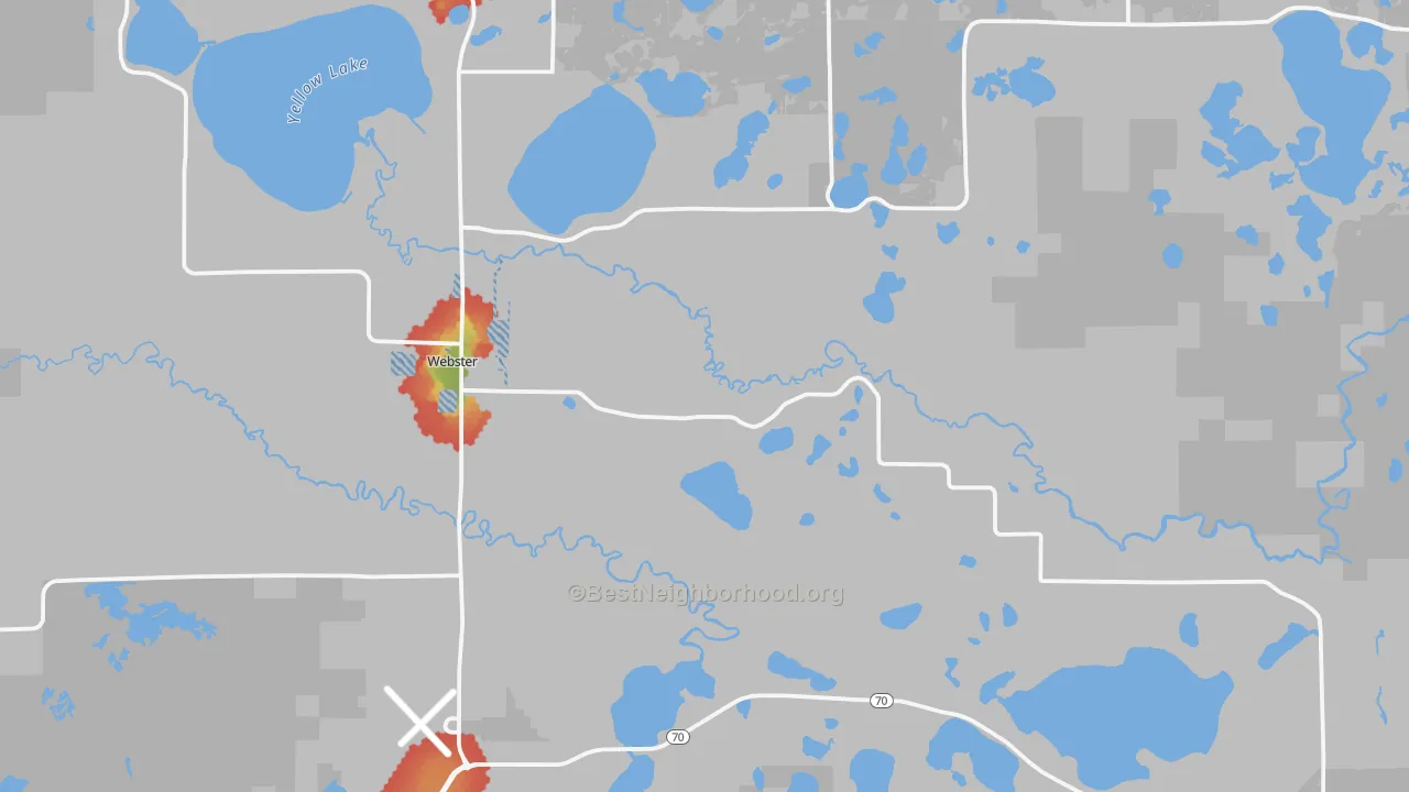 Walk Grade map of 54893, WI, walkable areas in green and car-dependent areas in red