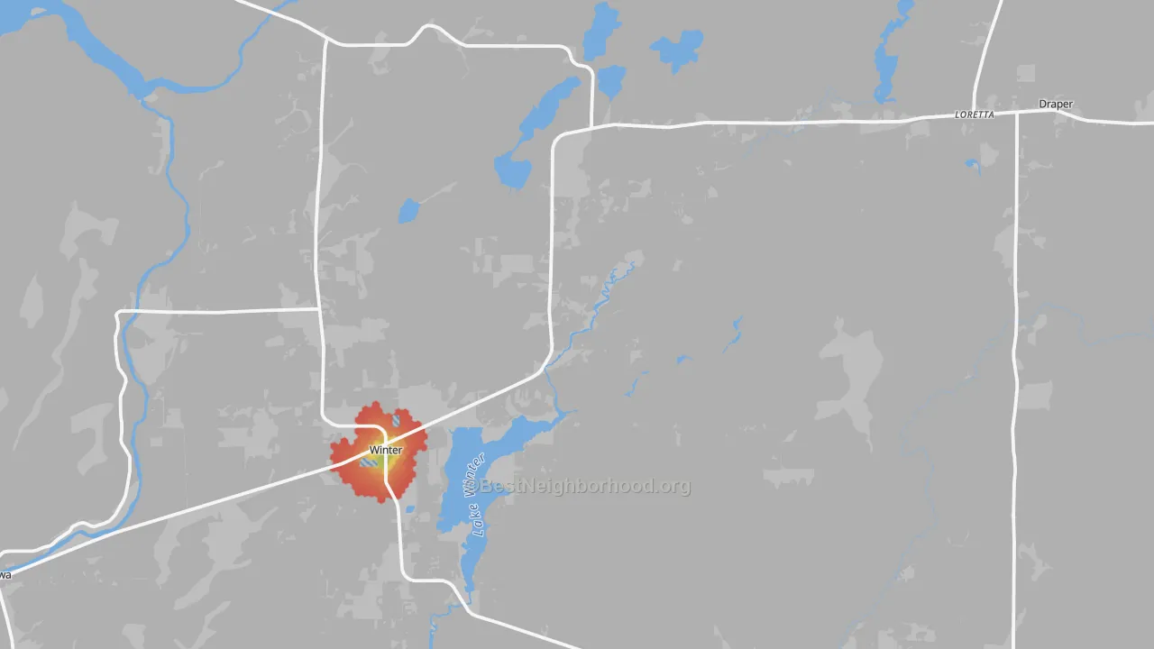 Walk Grade map of 54896, WI, walkable areas in green and car-dependent areas in red
