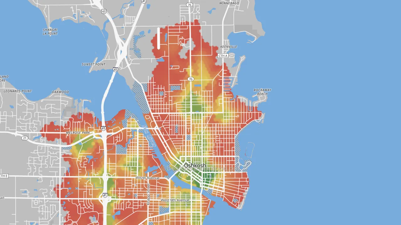 Walk Grade map of 54901, WI, walkable areas in green and car-dependent areas in red