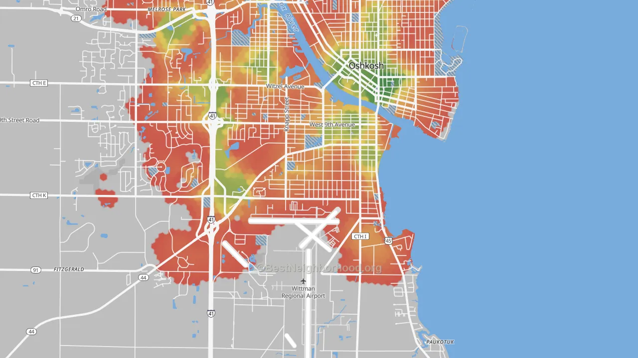 Walk Grade map of 54902, WI, walkable areas in green and car-dependent areas in red
